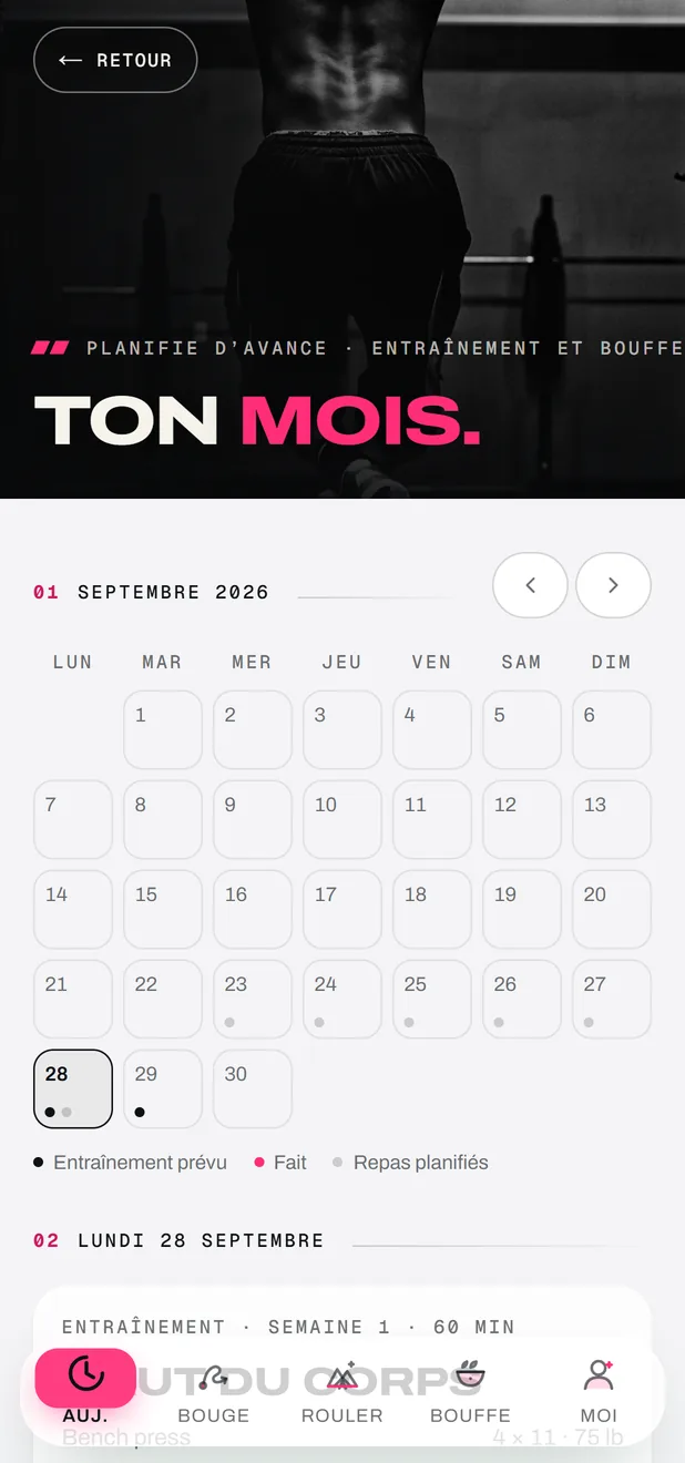 Le calendrier des séances et des repas prévus