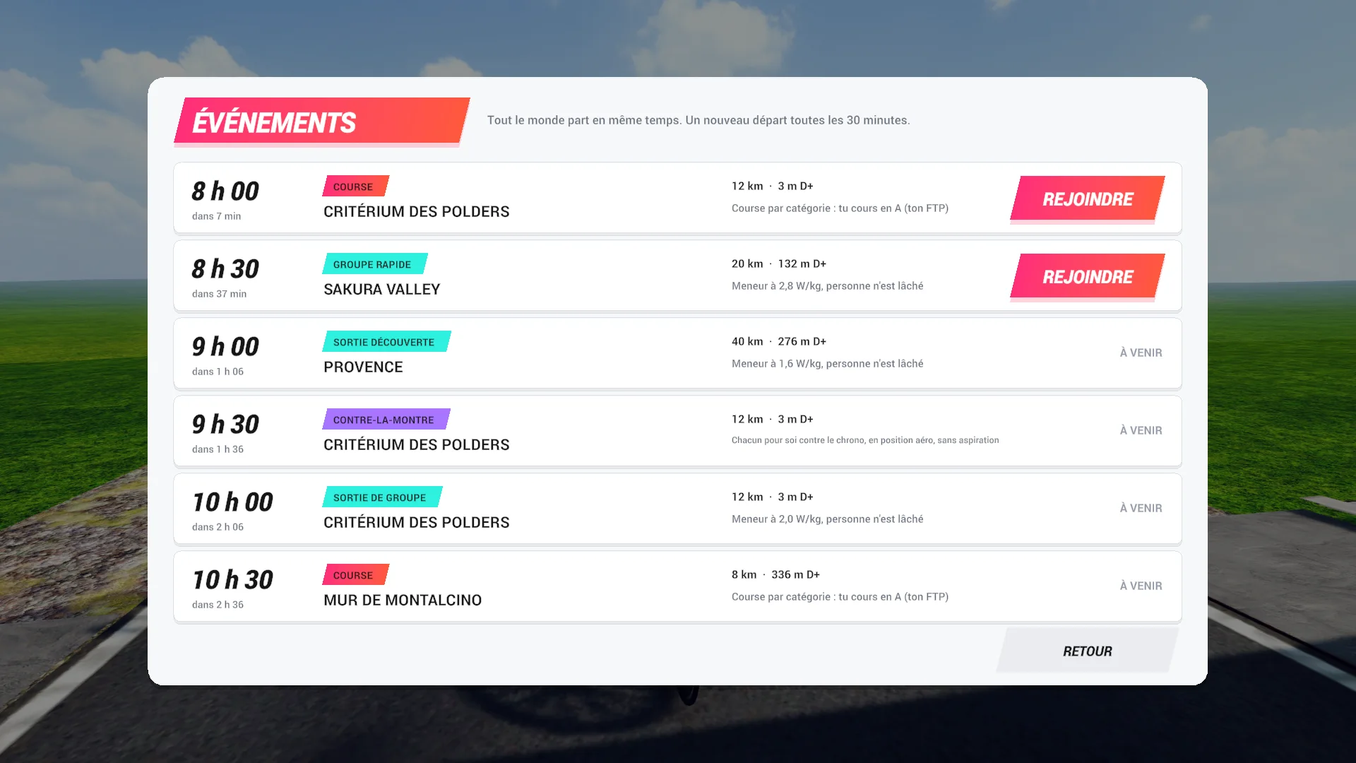 Le tableau des événements de FORGE Ride : un départ toutes les 30 minutes