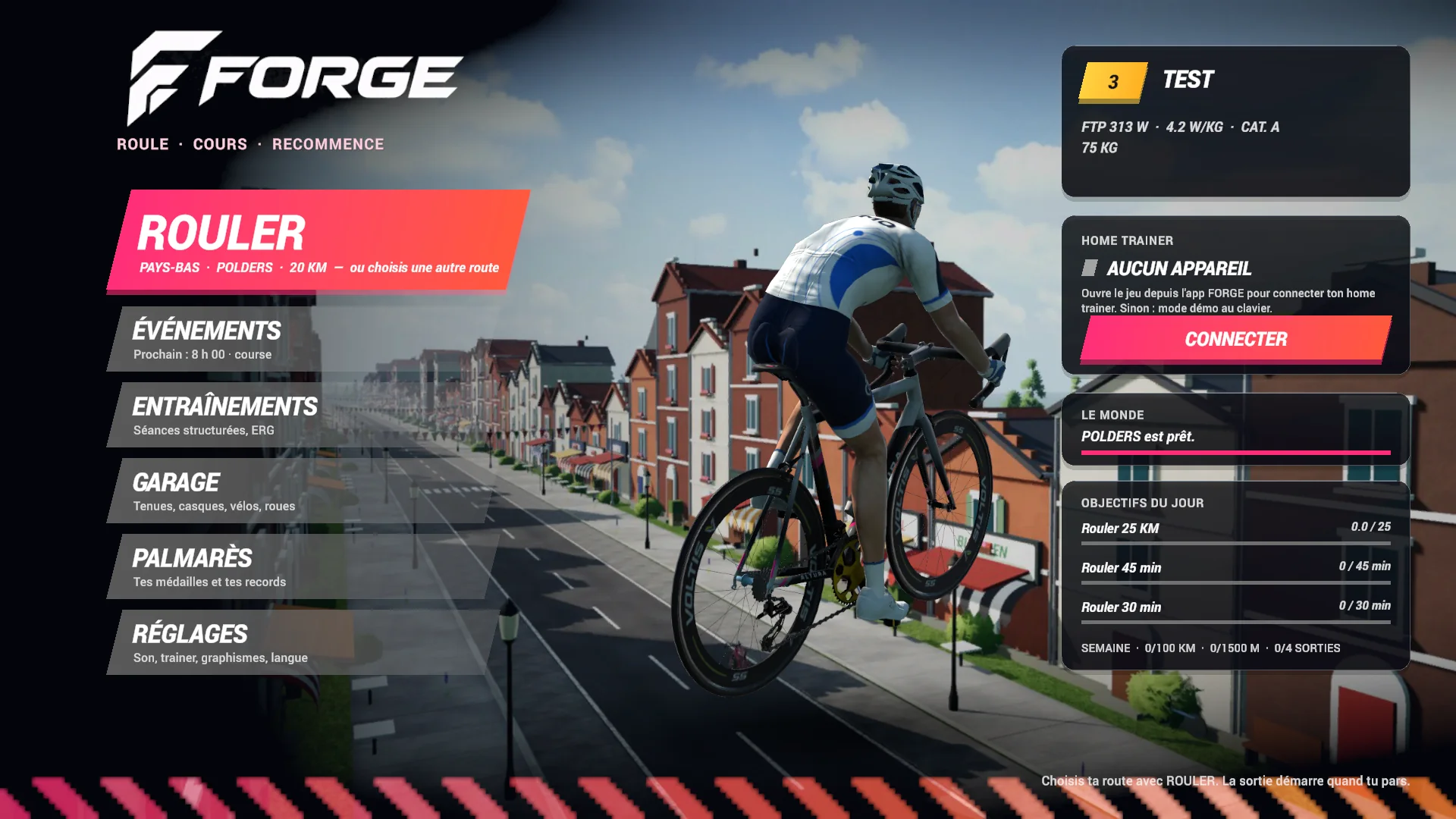 Le menu d’accueil de FORGE Ride sur PC : Rouler, Événements, Entraînements, Garage, Palmarès, Réglages
