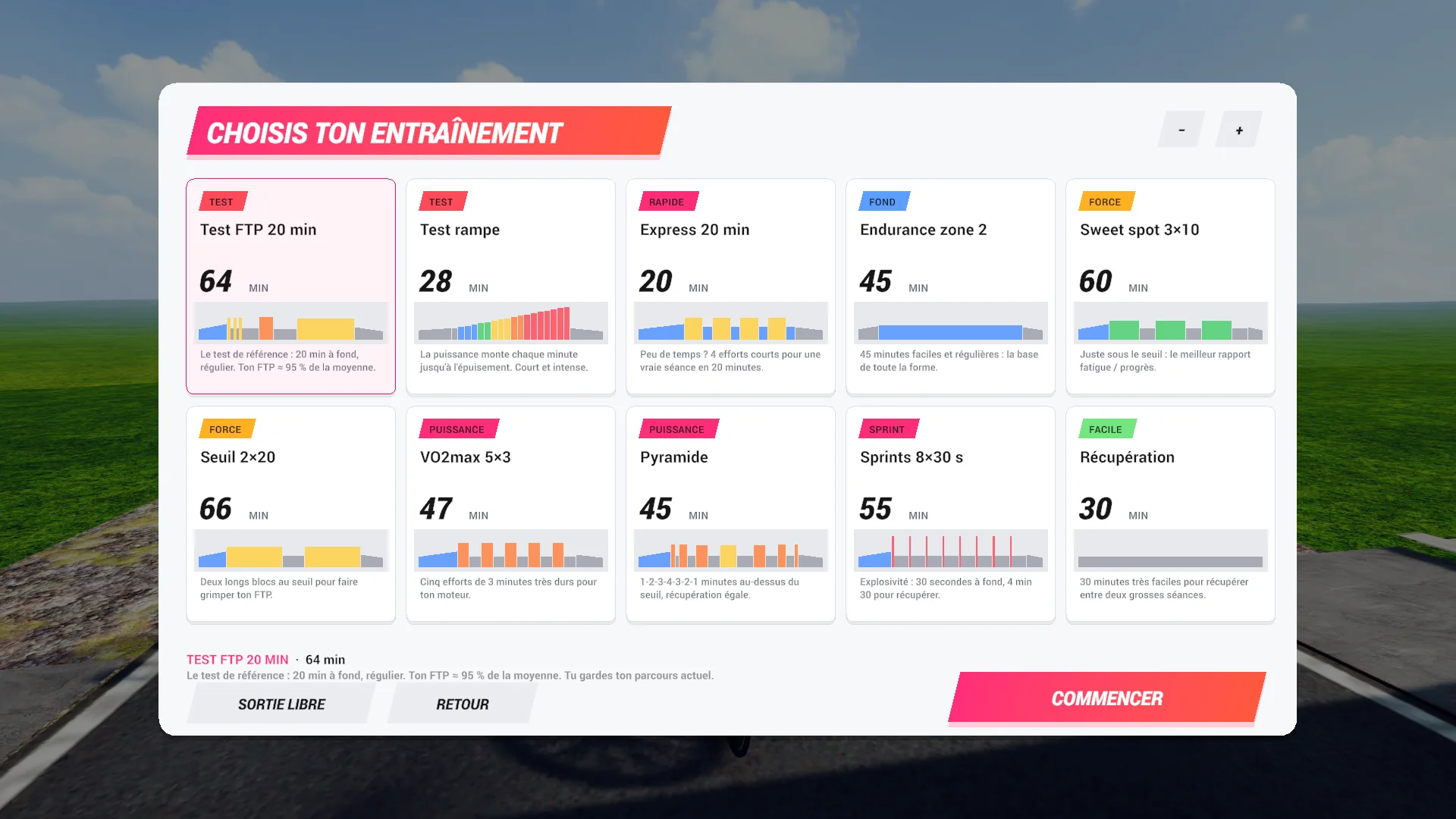 Le choix d’entraînement dans FORGE Ride : test FTP, test rampe, sweet spot, VO2max, pyramide, sprints, avec le graphique de chaque séance